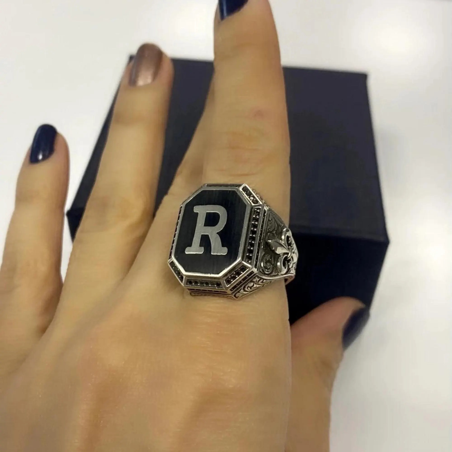Oxidized Silver Ring with Letter