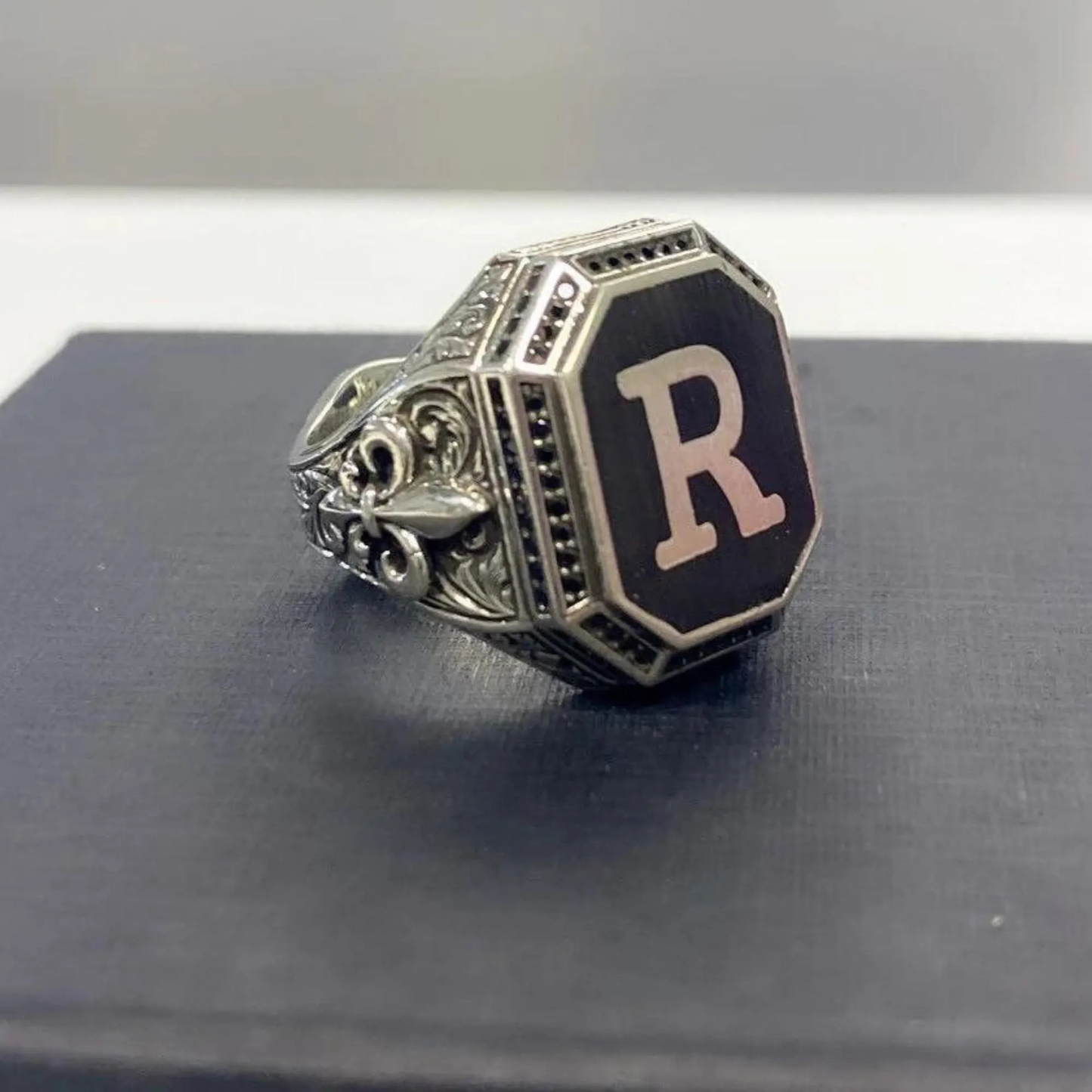 Oxidized Silver Ring with Letter
