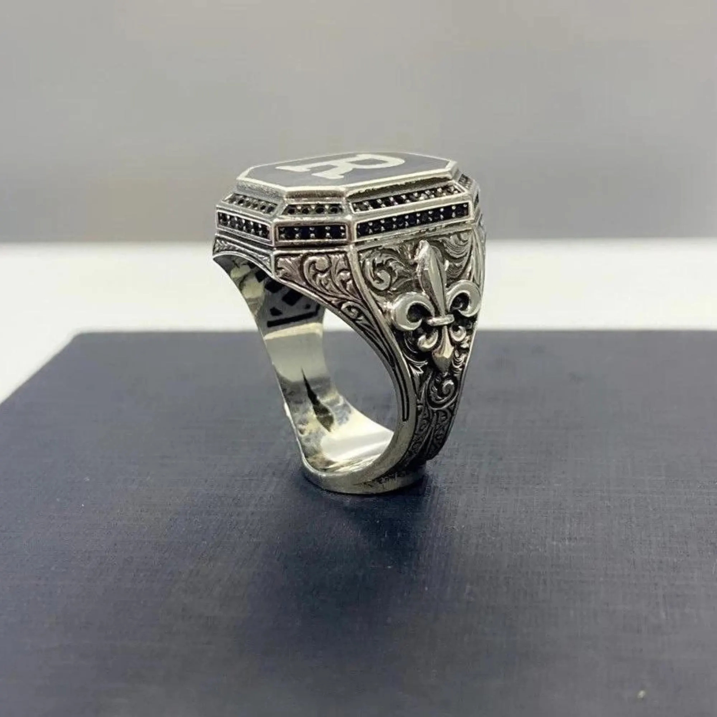 Oxidized Silver Ring with Letter