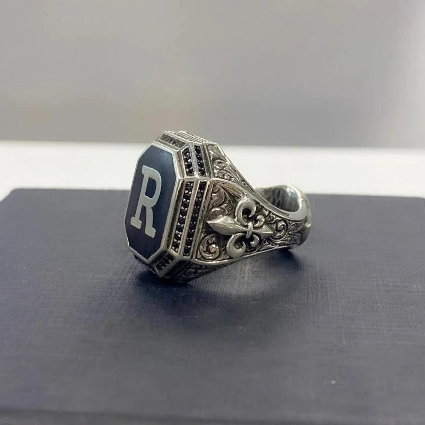 Oxidized Silver Ring with Letter