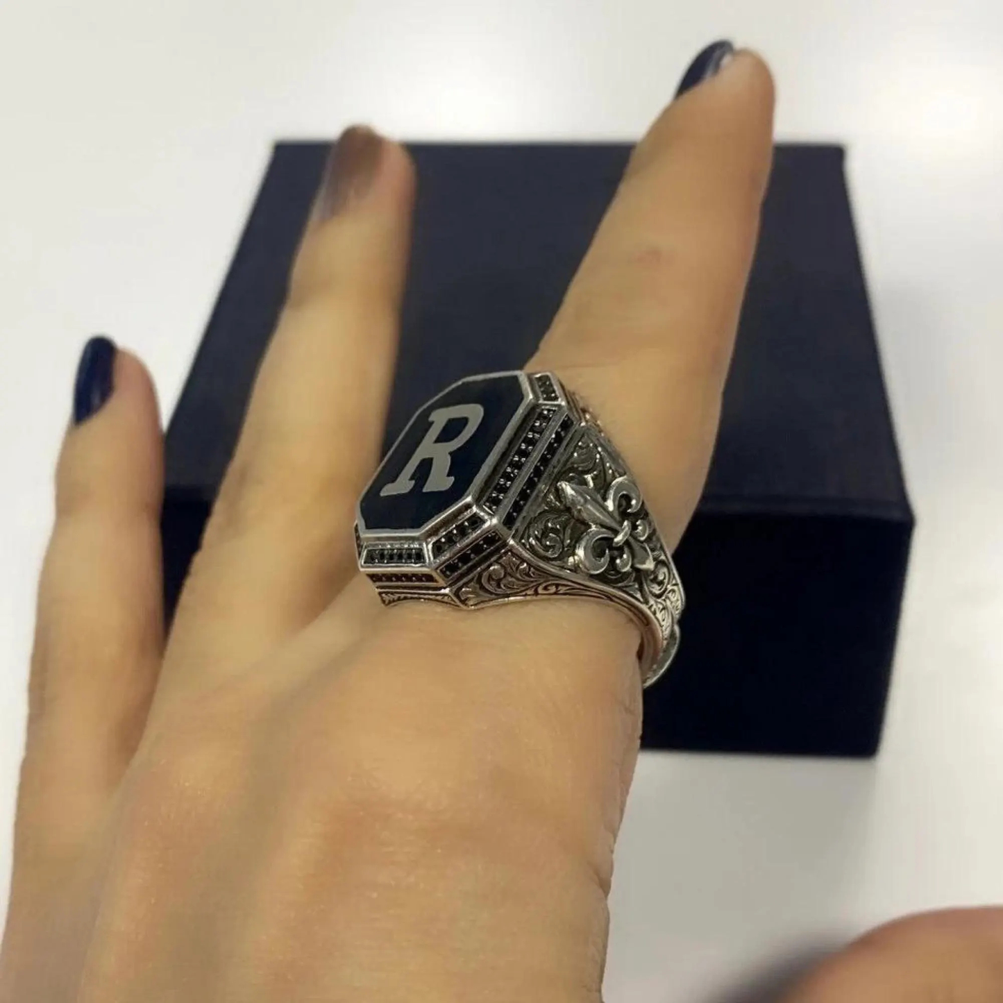 Oxidized Silver Ring with Letter