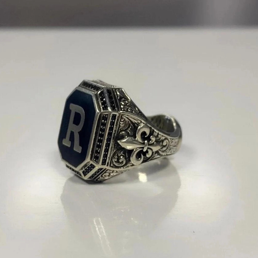 Oxidized Silver Ring with Letter