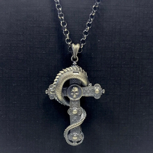 Collier pour homme avec croix en argent et dragon motard