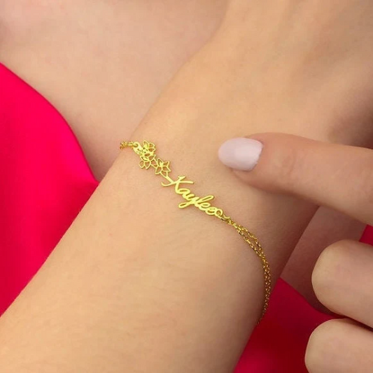 Bracelet avec nom et fleur de naissance