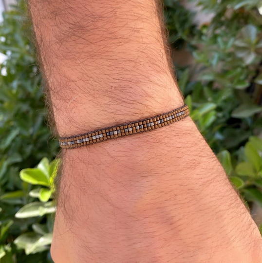 Bracelet en perles de code Morse marron pour homme